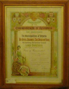 Framed certificate 1901 commemorating the inauguration of the Commonwealth of Australia signed by the Mayor and councillors of the Town of Warrnambool.
