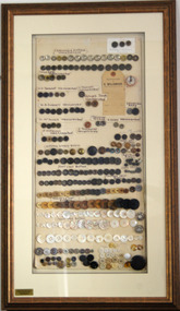 collection of tailors buttons, framed for display