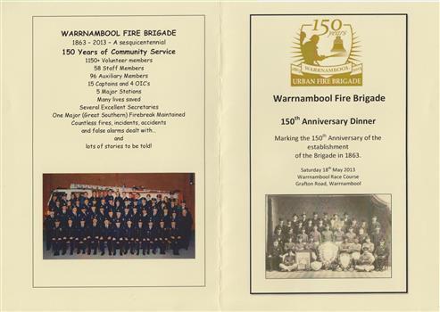 Warrnambool Fire Brigade 150th Anniversary Dinner Program including menu