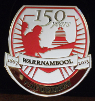 Metal badge produced to celebrate 150 years of the Warrnambool Fire Brigade