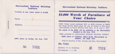 Unsold raffle tickets supporting the Warrnambool Sheltered Workshop Taskforce in 1978