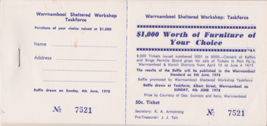 Unsold raffle tickets supporting the Warrnambool Sheltered Workshop Taskforce in 1978