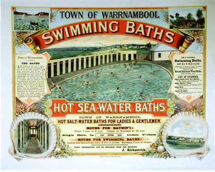 Poster advertising the Town  of Warrnambool Swimming Baths 