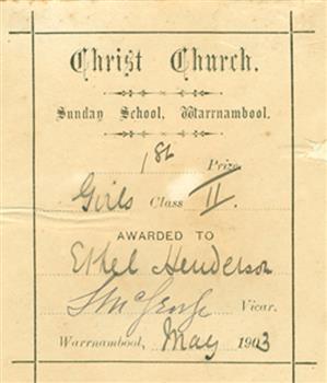 Book plate documenting Christ Church Sunday School prize awarded in 1903