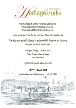 Invitation to the 2014 opening of Heritage Works, Warrnambool
