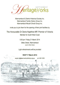 Invitation to the 2014 opening of Heritage Works, Warrnambool