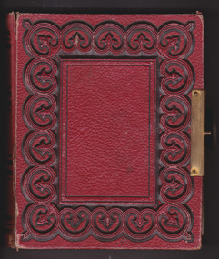 Red leather covered photo album which includes a number of portrait photographs by Warrnambool photographers 