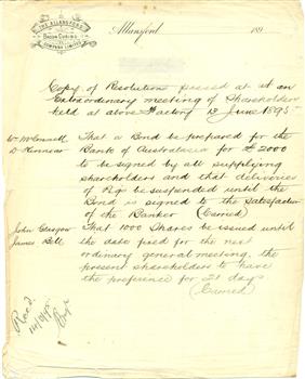 Copy of Shareholder Resolution of The Allansford Bacon Curing Company Limited dated 13 June 1895
