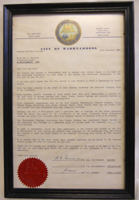Letter from the City of Warrnambool to Cyril & Joyce Hayward acknowledging their contribution to the Warrnambool community