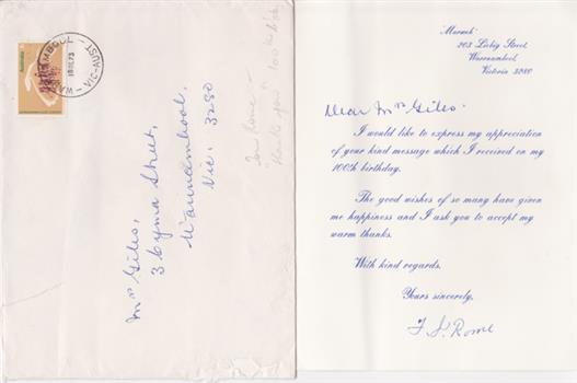 Letter and card from MyR T Rome.