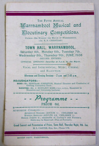Programme booklet from 1938 for Fifth Annual Warrnambool Musical & Elocutionary Competitions