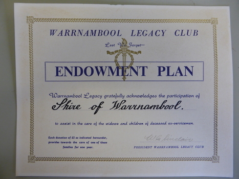 Warrnambool Legacy Club Endowment Plan certificate given to the Shire of Warrnambool