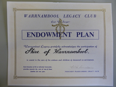 Warrnambool Legacy Club Endowment Plan certificate given to the Shire of Warrnambool
