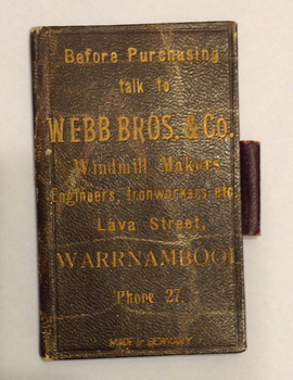 This is a slate notebook which was used by windmill makers, Webb Bros. in Warrnambool.