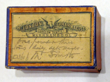 This is a small box which would hold prescription medicine from H London's pharmacy in Warrnambool.