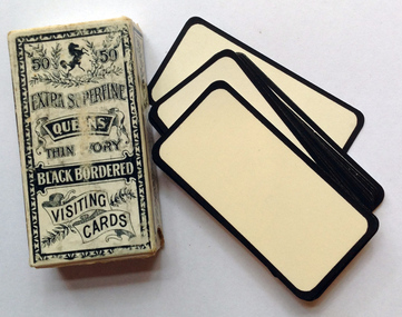 Queens Thin ivory black bordered visiting cards.