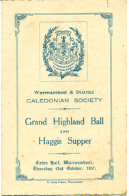 A programme for the  Warrnambool & District Caledonian Society Grand Ball and Haggis Supper held in 1937