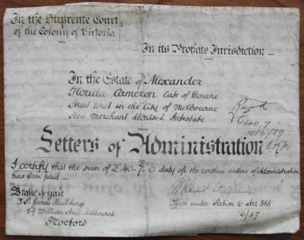 Alexander F Cameron Letters of Administration 1887