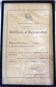 1951 Certificate of Incorporation Warrnambool Co-operative Housing Society Limited