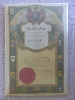 This is a certificate which was awarded to  a Mr S McDonald for his service in WW2.