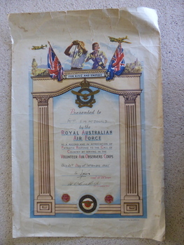 R.A.A.F. Volunteer Air Observer's Corps Certificate