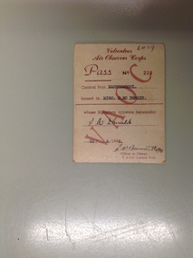 Document, ID Pass Volunteer Air Observer Corps, 1940’s