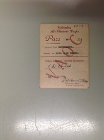 Small card issued as an ID pass for the Volunteer Air Observer Corps