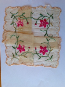 Textile, Handkerchief Pink Green embroidered, C 1918