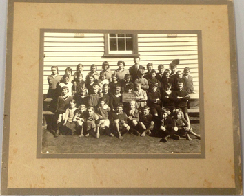 This photograph from 1932 shows a group of school children and their teacher outside the Naringal State School in Victoria 