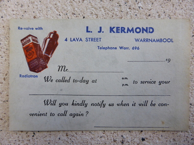 This is a service card for L J Kermond store in Warrnambool.