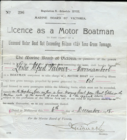 Document, Licence Motor boatman, 1918