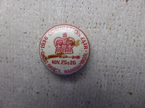 Badge from Coronation fair held at Christ Church Warrnambool in November 1936
