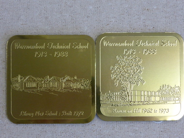 A collection of souvenir coasters and placemats for the 75th anniversary of Warrnambool Technical School 1913-1988