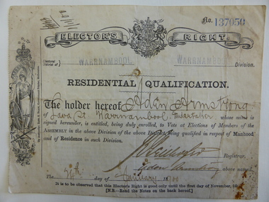 Original Document, Residential Qualification: Aden Armstrong, Circa 1900