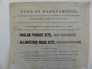 Document, Voting paper Cattle Yards 1883, 1883