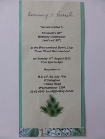 Invitation, Elizabeth O’Callaghan 80th, 2013