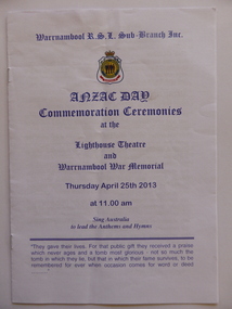 Document, ANZAC day commemoration services 2015, 2009,2012, 2013