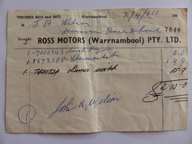 Document, Receipt Ross Motors, 1960s