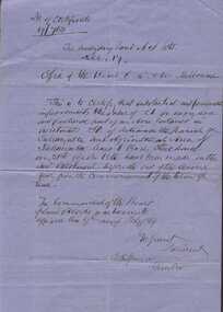 Document, Board of Land & Works 9 Feb 1869  Certify Improvements to land re Charles Stonehouse & James Carlisle, Circa 1870
