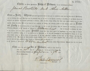 Document, Marriage Licence: James Bostock and Alice Aitken 30/06/1875, 1875