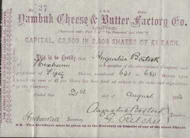 Certificate, J. W. Harrison, Yambuk Cheese and Butter Factory Share certificate, 1893