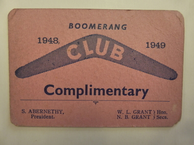 Document, Boomerang Club Complimentary card, Mid 20th century