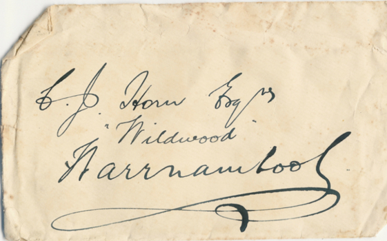 Handwritten envelope addressed to C J Horn Esq Wildwood Warrnambool