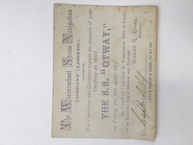 Ticket, The Warrnambool Steam Navigation Co Ltd, 1873