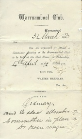 Document, Warrnambool Club committee meeting, 1870s, 1880s