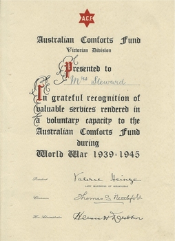This is a certificate of appreciation to a Mrs Steward for her contribution to the Soldiers' Comfort fund.