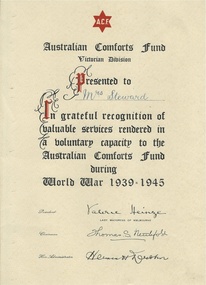 Document, Australian Comfort Fund Mrs Steward, C1946