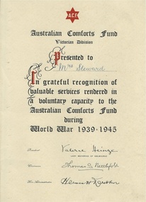 This is a certificate of appreciation to a Mrs Steward for her contribution to the Soldiers' Comfort fund.