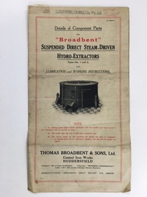  This is a printed document titled Details of component parts for Broadbent suspended steam driven Hydro Extractors.