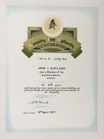 Certificate, Country Fire Authority J T Sizeland, 1977